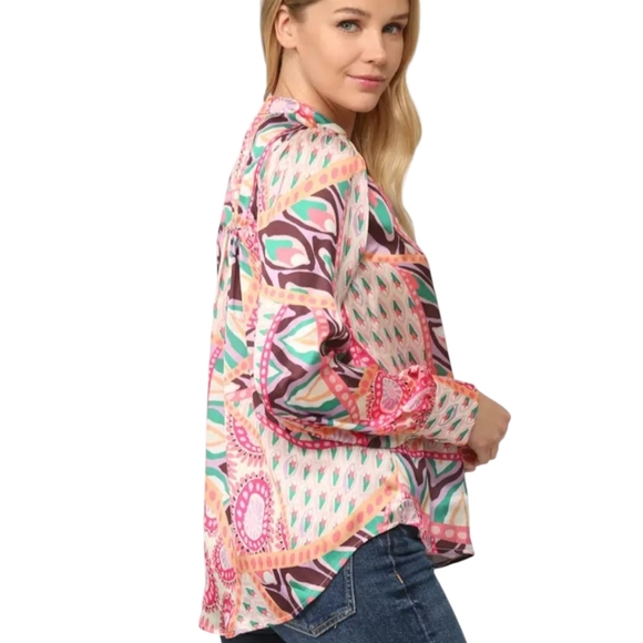 Fate Blouse Patterned Silky Button Up White/Green/Pink Sz S - Picture 2 of 7